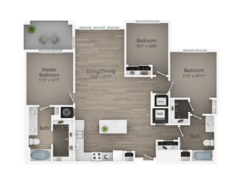 Floor plan for 3 beds, 2 baths, 1287 sqft